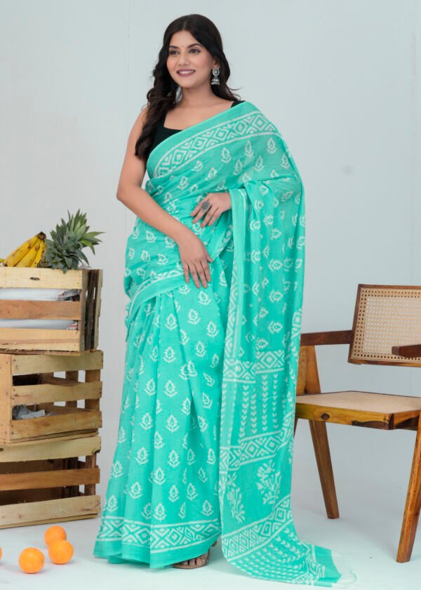 Bagru Hand Block Printed Mulmul Cotton Saree - Image 4