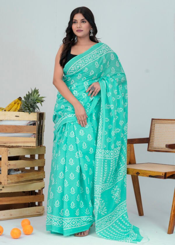 Bagru Hand Block Printed Mulmul Cotton Saree - Image 5