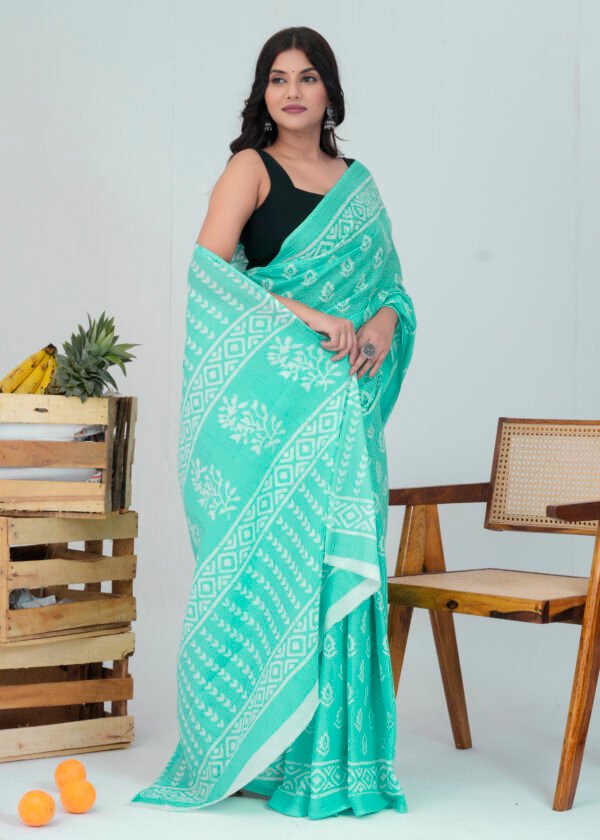 Bagru Hand Block Printed Mulmul Cotton Saree - Image 3