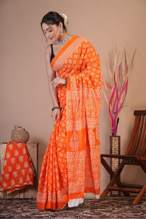 Bagru Hand Block Printed Mulmul Cotton Saree - Image 6