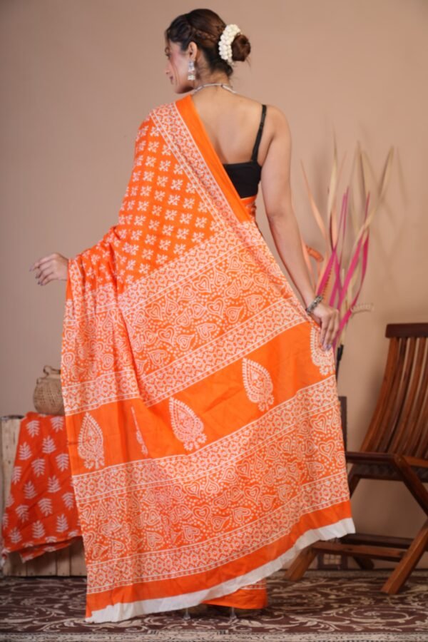 Bagru Hand Block Printed Mulmul Cotton Saree - Image 5