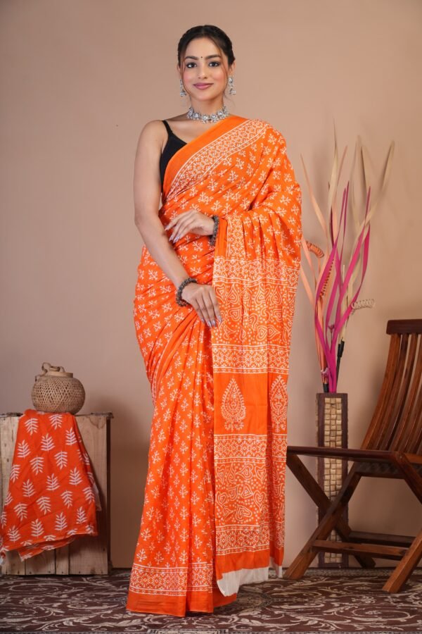 Bagru Hand Block Printed Mulmul Cotton Saree - Image 4