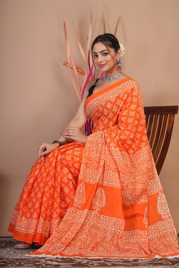 Bagru Hand Block Printed Mulmul Cotton Saree - Image 2