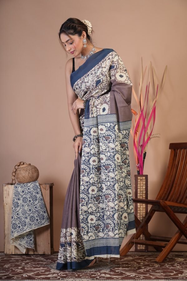 Bagru Hand Block Printed Mulmul Cotton Saree - Image 6