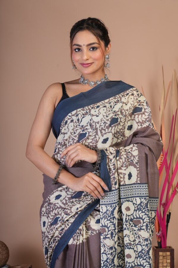 Bagru Hand Block Printed Mulmul Cotton Saree - Image 5