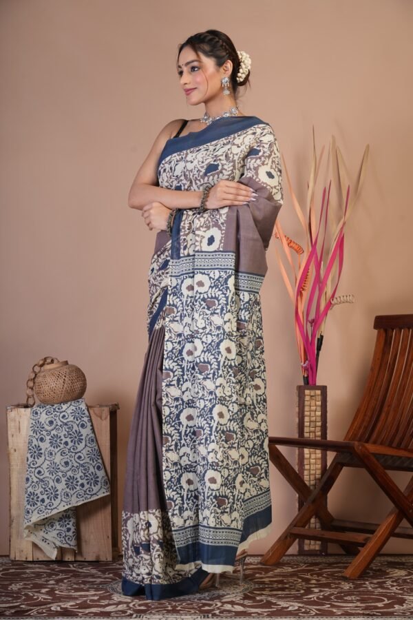Bagru Hand Block Printed Mulmul Cotton Saree - Image 4