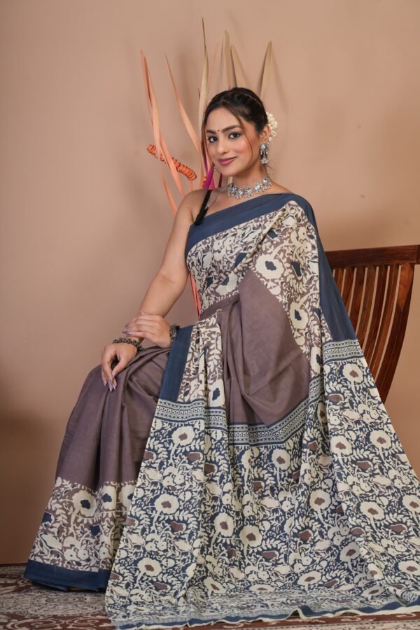 Bagru Hand Block Printed Mulmul Cotton Saree - Image 3