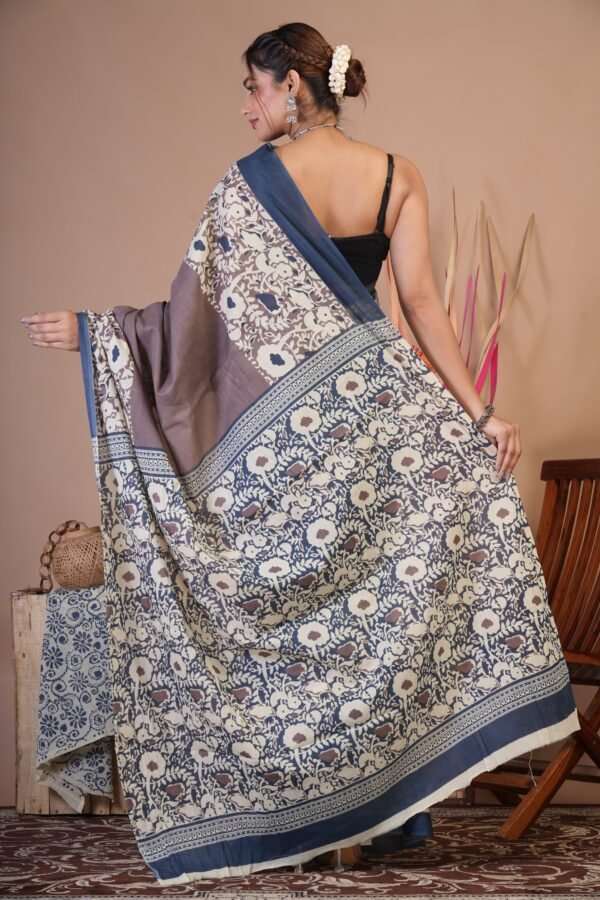 Bagru Hand Block Printed Mulmul Cotton Saree - Image 2