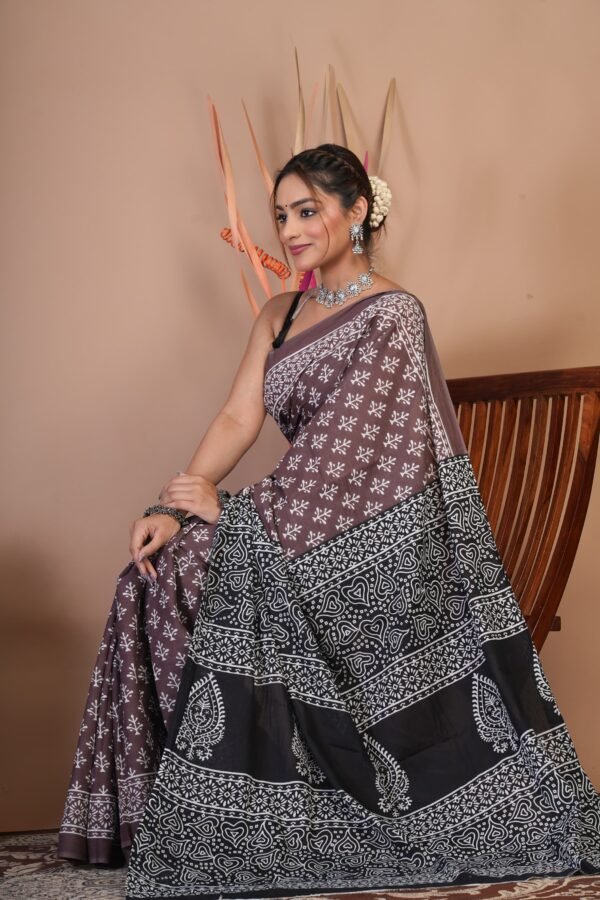 Bagru Hand Block Printed Mulmul Cotton Saree - Image 4