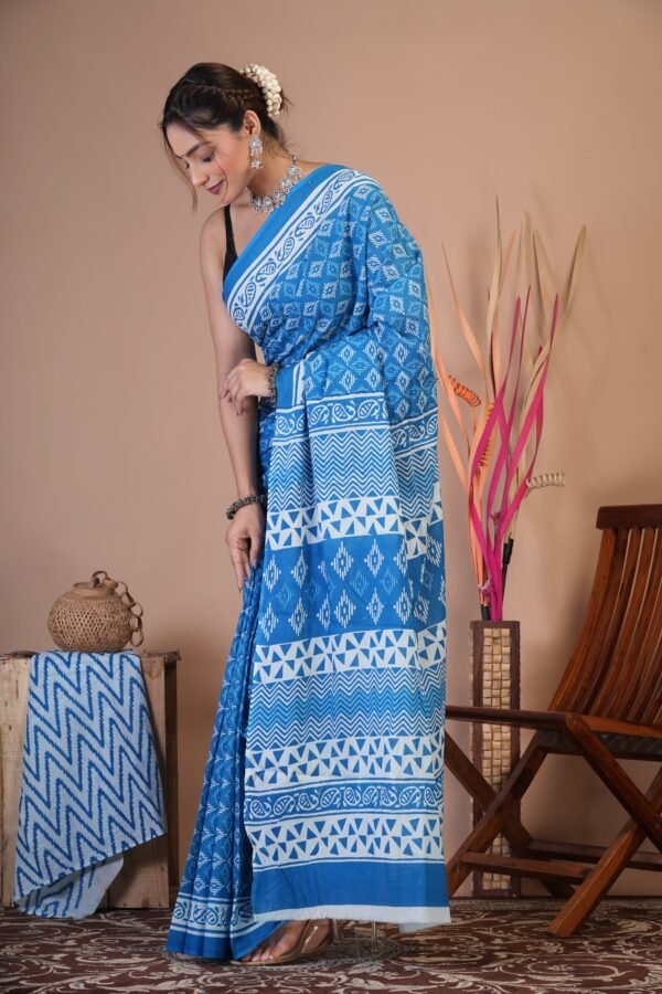 Bagru Hand Block Printed Mulmul Cotton Saree - Image 2
