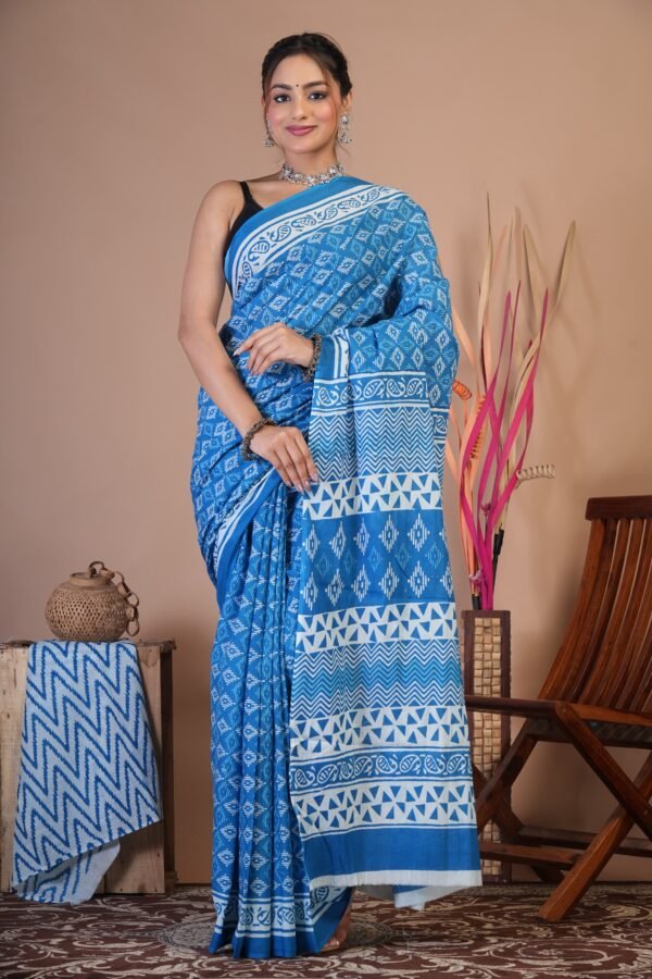 Bagru Hand Block Printed Mulmul Cotton Saree - Image 3