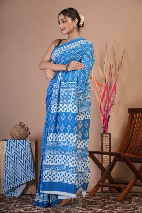 Bagru Hand Block Printed Mulmul Cotton Saree - Image 4