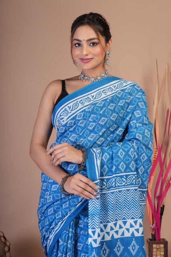 Bagru Hand Block Printed Mulmul Cotton Saree - Image 5