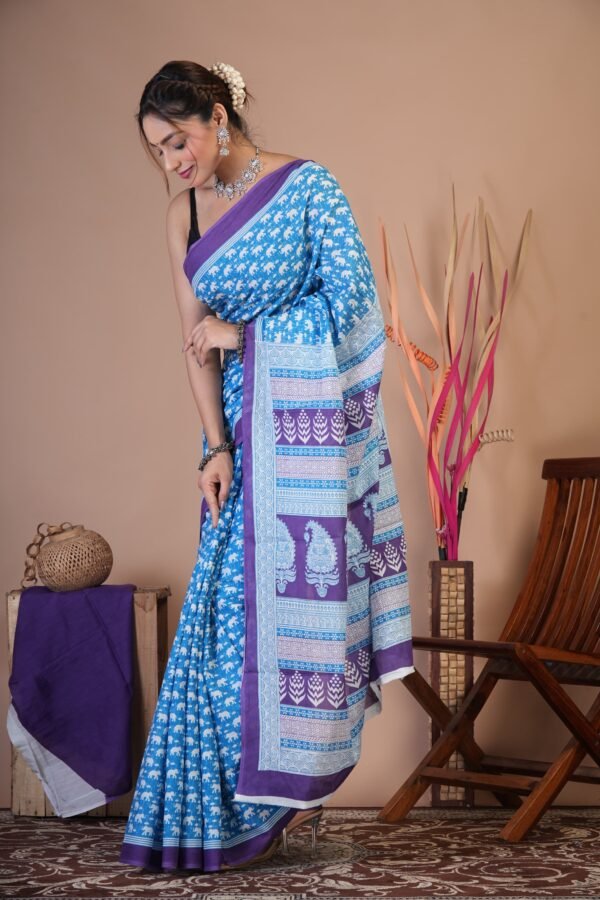 Bagru Hand Block Printed Mulmul Cotton Saree - Image 4