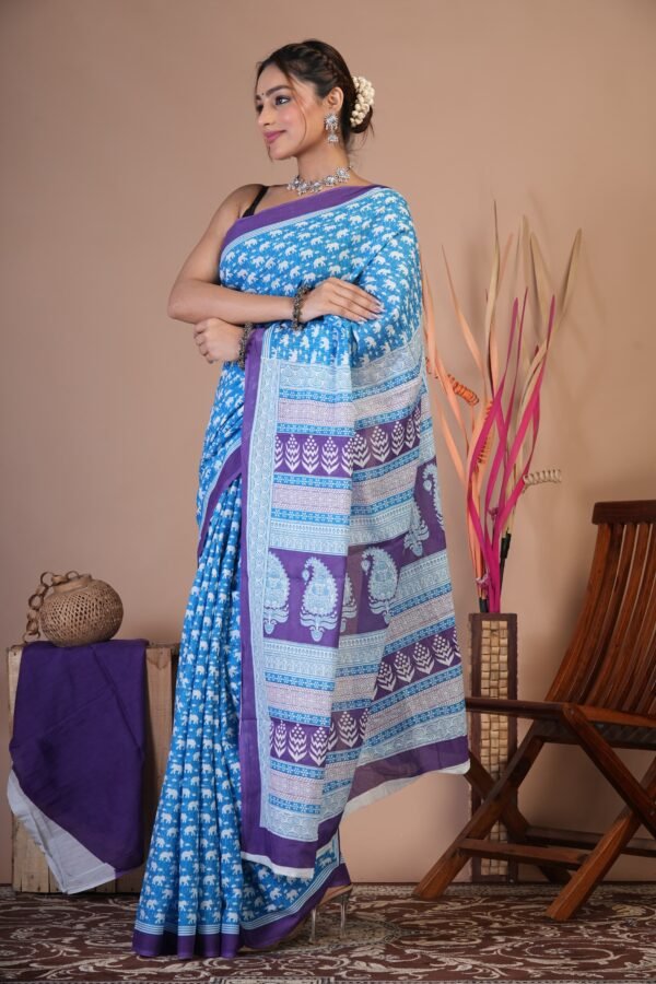 Bagru Hand Block Printed Mulmul Cotton Saree - Image 3