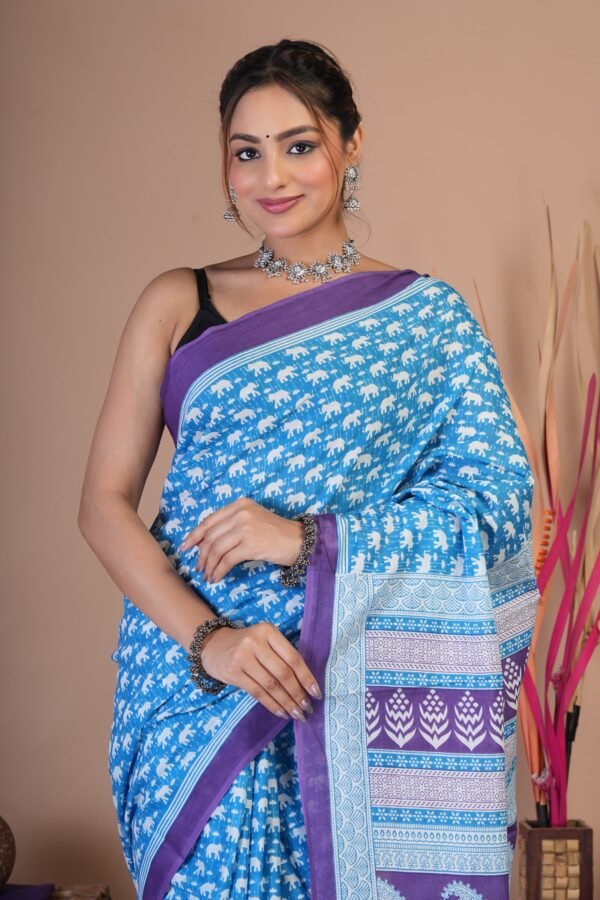 Bagru Hand Block Printed Mulmul Cotton Saree - Image 2