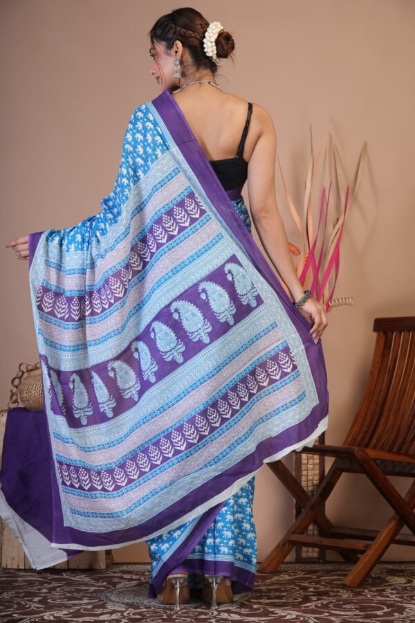 Bagru Hand Block Printed Mulmul Cotton Saree - Image 6