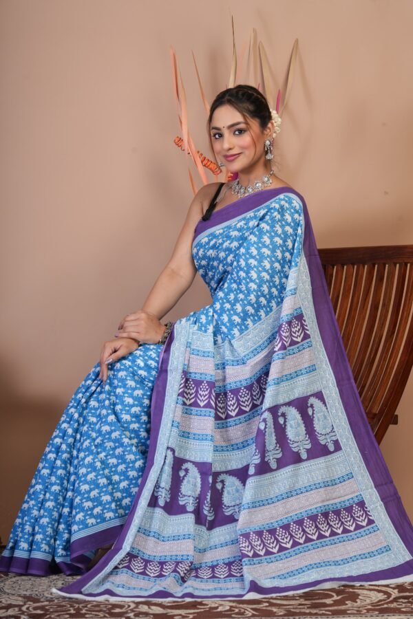 Bagru Hand Block Printed Mulmul Cotton Saree - Image 5