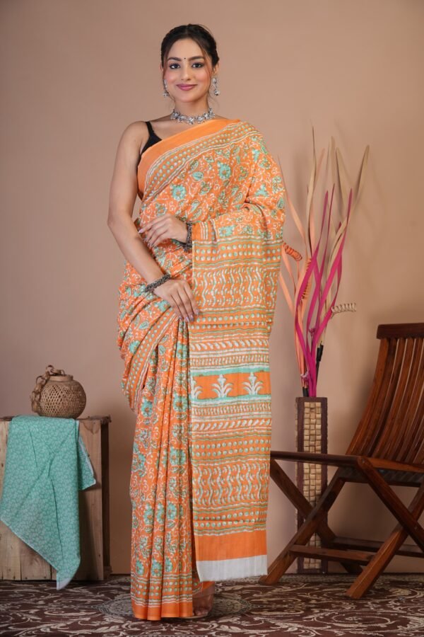 Cotton Mul Saree| Hand block Cotton Mul saree Printed Cotton Mul Cotton Saree Mul Cotton Saree Bagru Saree Jaipuri Printed Saree Linen Saree Kalamkari Saree Cotton Saree Brand VTVOLVER