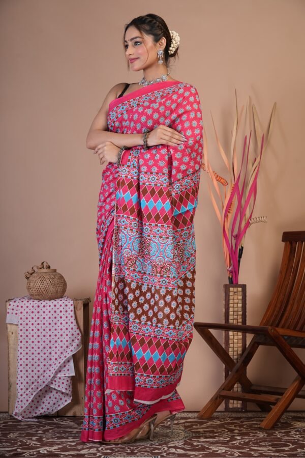 Bagru Hand Block Printed Mulmul Cotton Saree - Image 2
