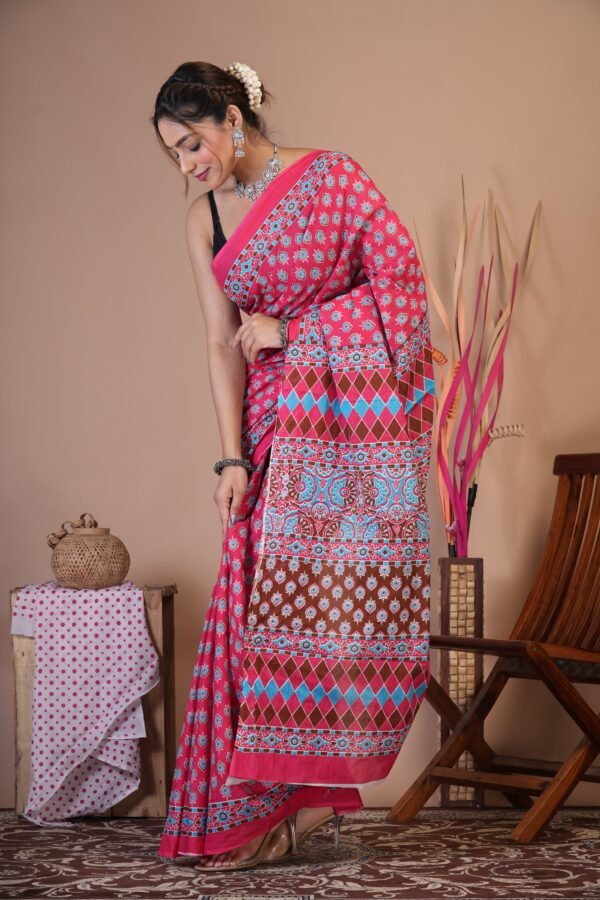 Bagru Hand Block Printed Mulmul Cotton Saree - Image 3