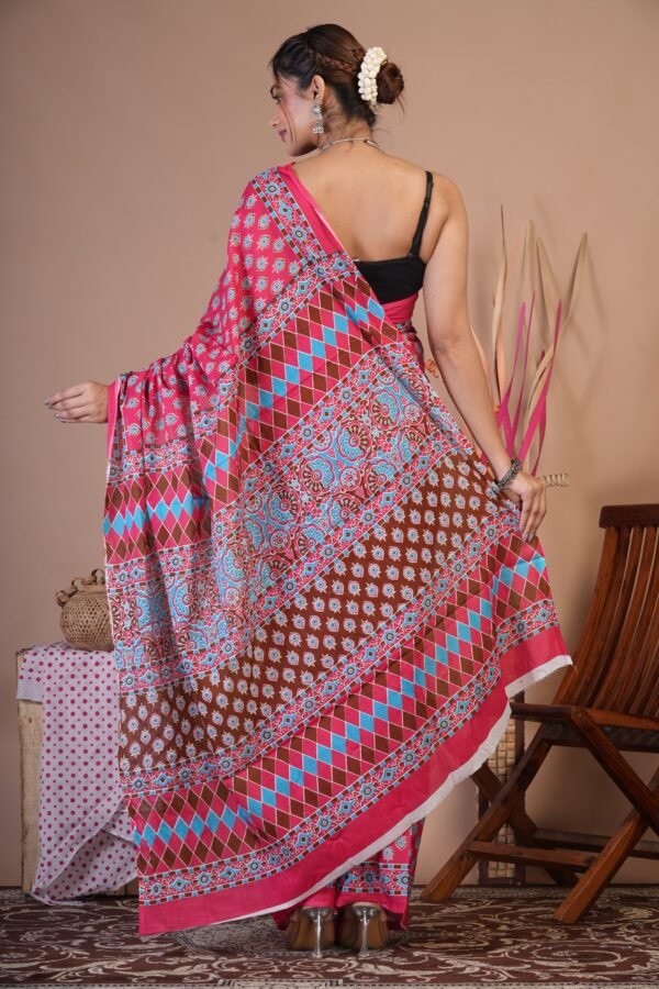 Bagru Hand Block Printed Mulmul Cotton Saree - Image 4