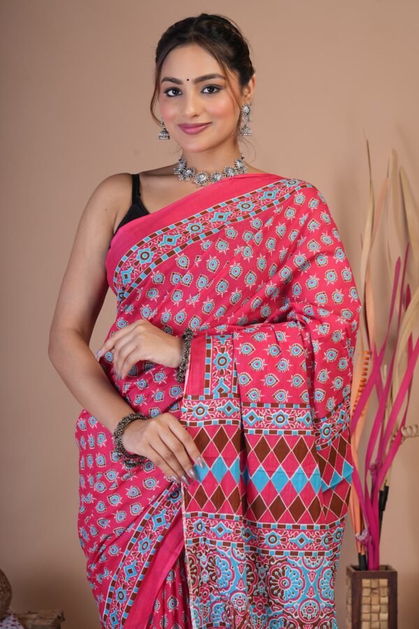 Bagru Hand Block Printed Mulmul Cotton Saree - Image 5