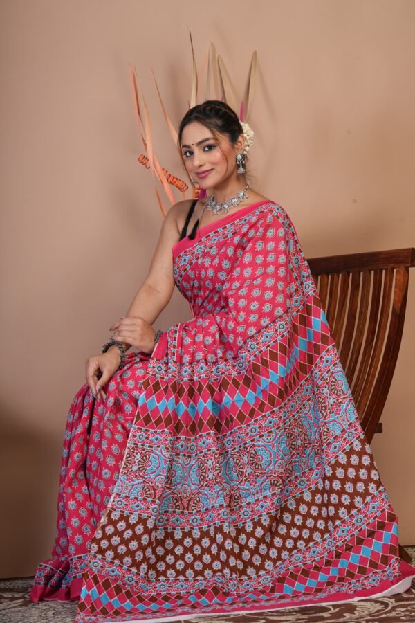 Bagru Hand Block Printed Mulmul Cotton Saree - Image 6