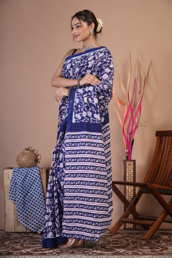 Bagru Hand Block Printed Mulmul Cotton Saree - Image 4