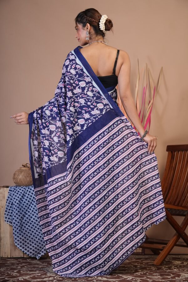 Bagru Hand Block Printed Mulmul Cotton Saree - Image 3