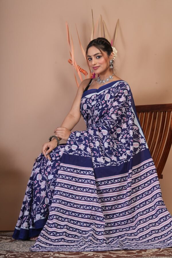 Bagru Hand Block Printed Mulmul Cotton Saree - Image 2